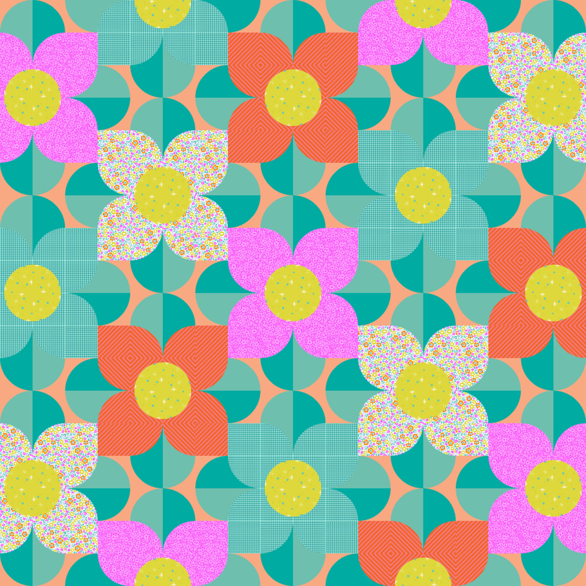 Mockup of Blooms Quilt Pattern with Ghostly Garden Collection Fabrics