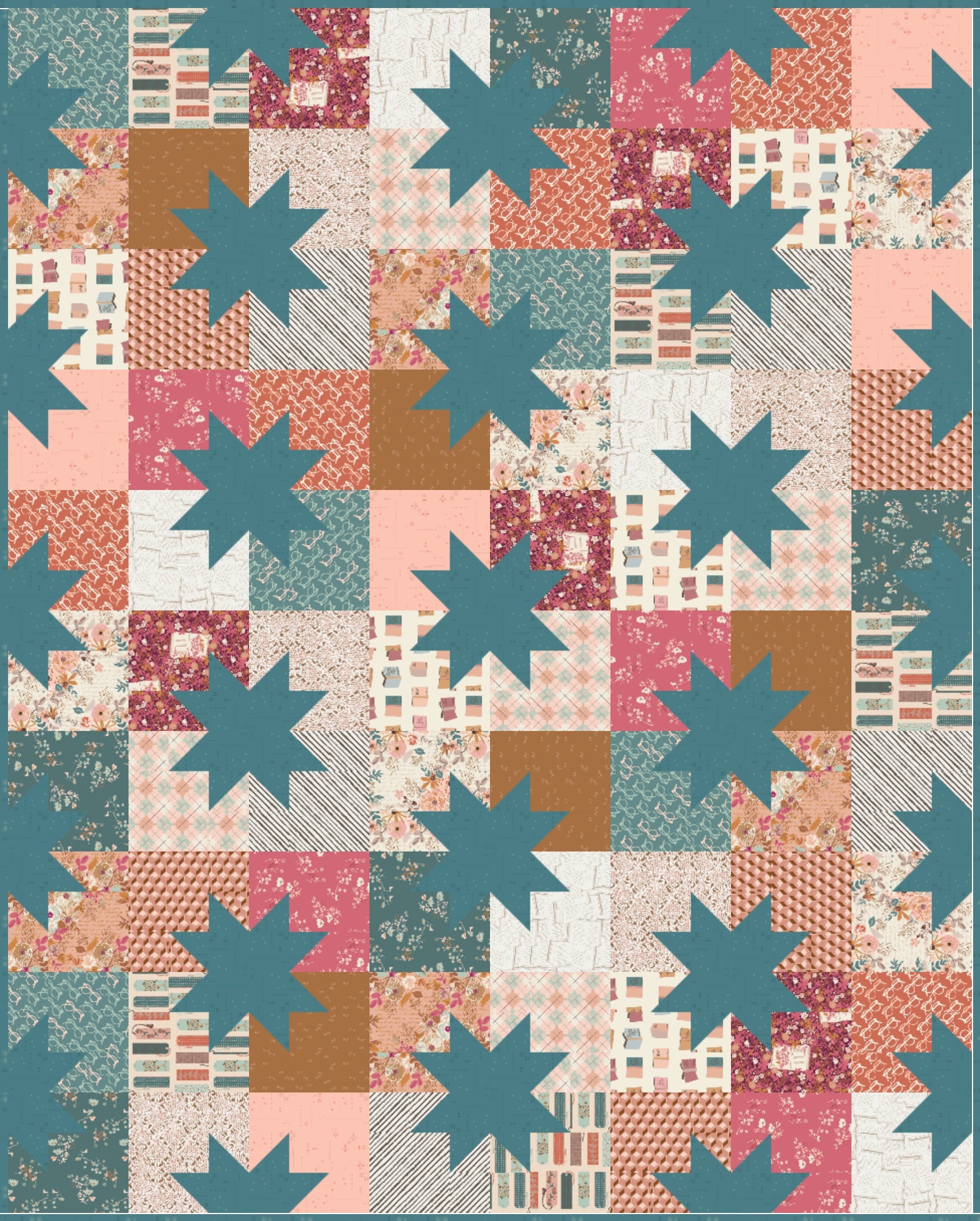 Mockup of Star Pop II Quilt Kit with Bookish Collection from Sharon Holland for Art Gallery Fabrics