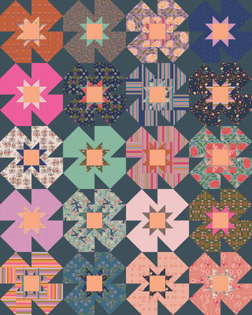 Mockup of the Summer Garden Quilt Pattern with the Starling Collection and Pure Solids - Throw Size