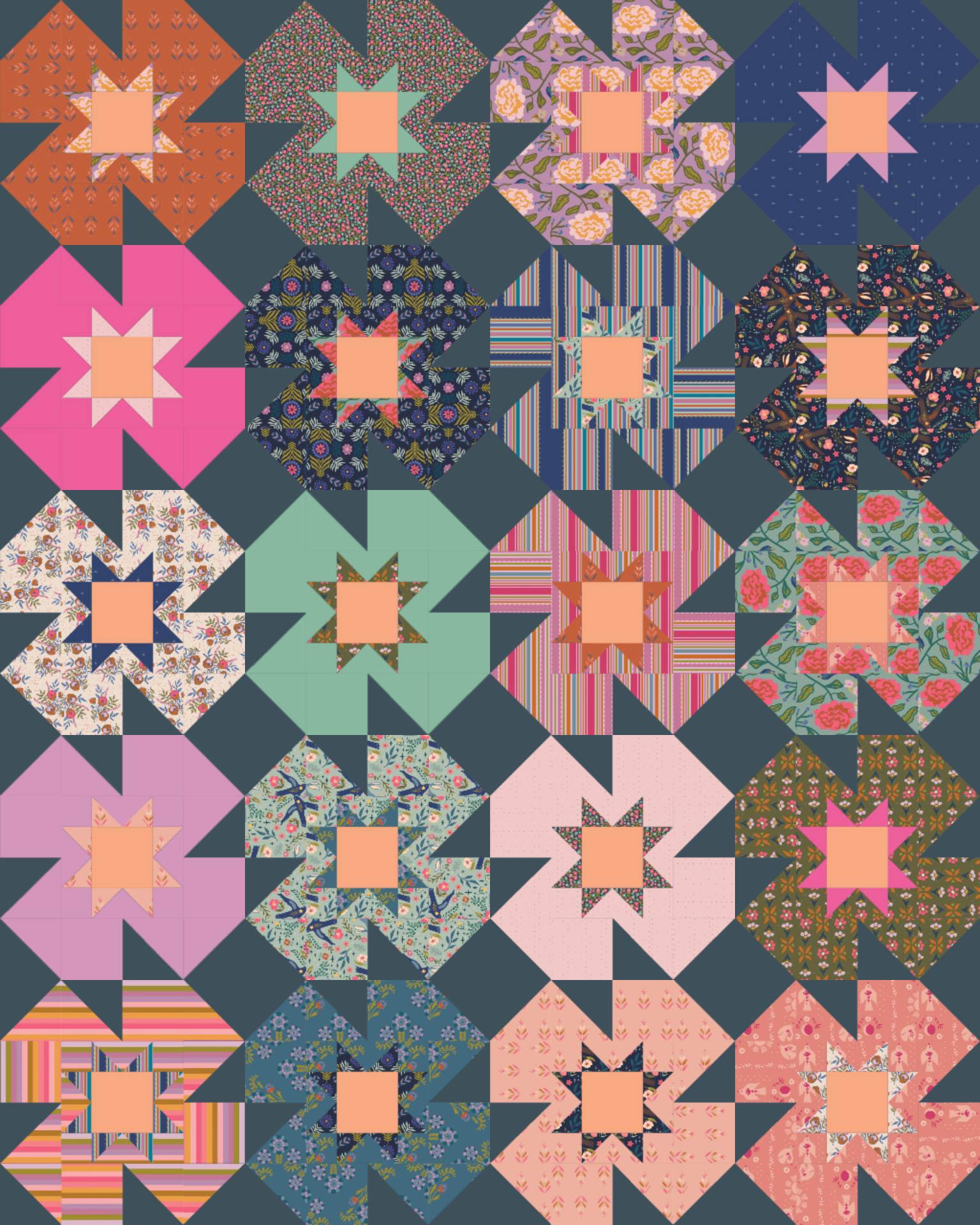 Mockup of the Summer Garden Quilt Pattern with the Starling Collection and Pure Solids - Throw Size