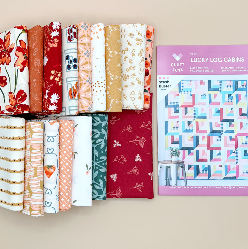 Summer Homestead Fat Quarters with Lucky Log Cabins Quilt Pattern by Quilty Love