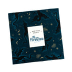 Stack of 10-inch Fireglow fabric squares with red dragons, green scrollwork, and teal scales,