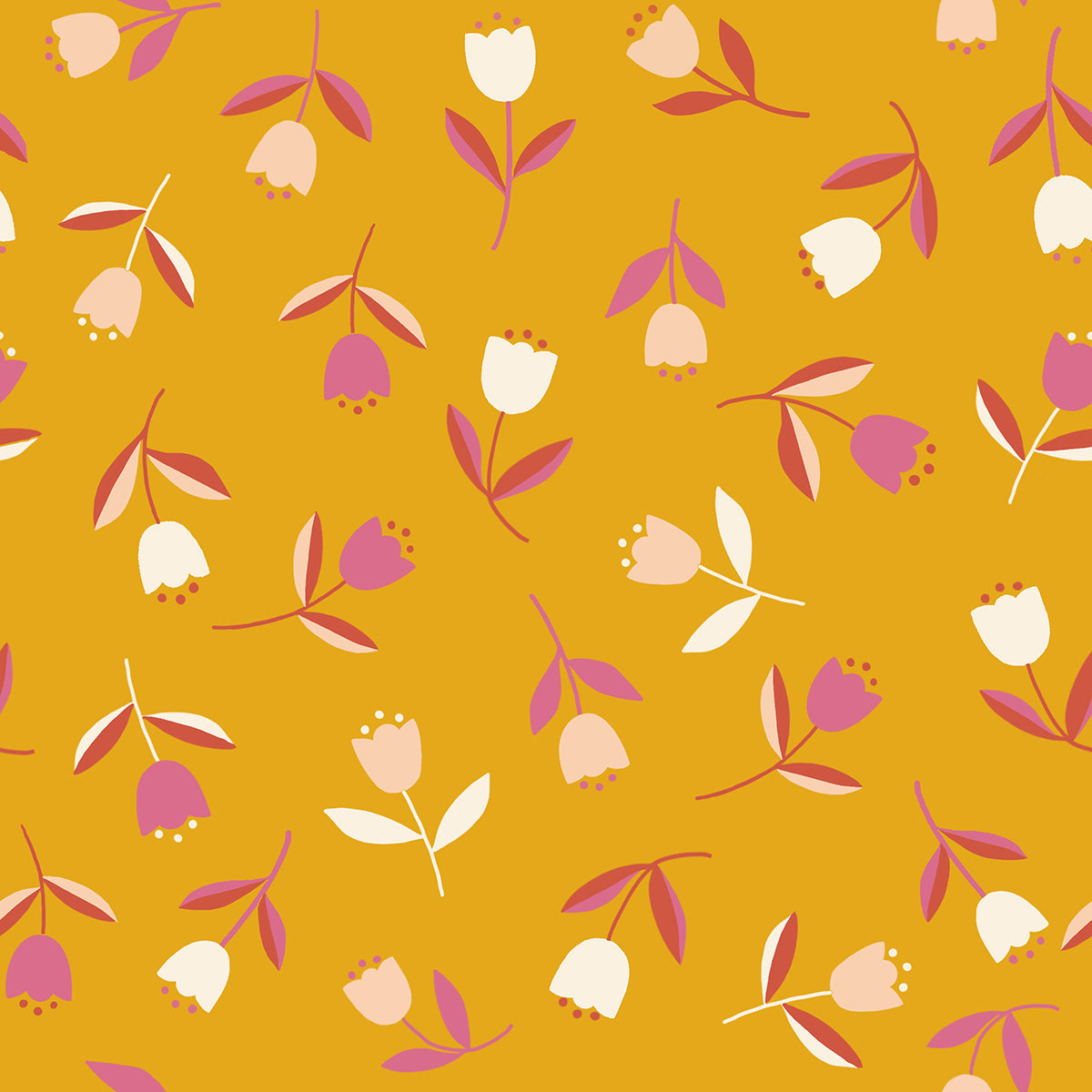Graphic quilting cotton fabric pattern from the Corsage collection by Ruby Star Society. The design features a scattered, multi-directional toss of small, stylized tulip buds with orchid purple stems and leaves in shades of cream, peach, and sorbet pink over a solid, rich goldenrod yellow background.