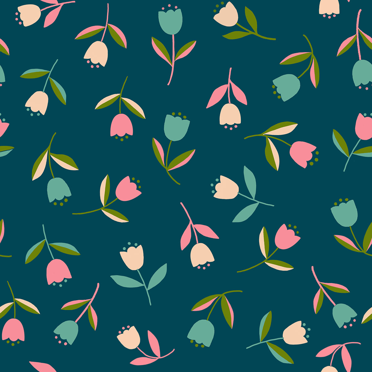 Graphic quilting cotton fabric pattern from the Corsage collection by Ruby Star Society. The design features a scattered, multi-directional toss of small, stylized tulip buds with green leaves in shades of cream, sorbet pink, and light aqua teal over a solid, deep dark indigo-teal galaxy background.