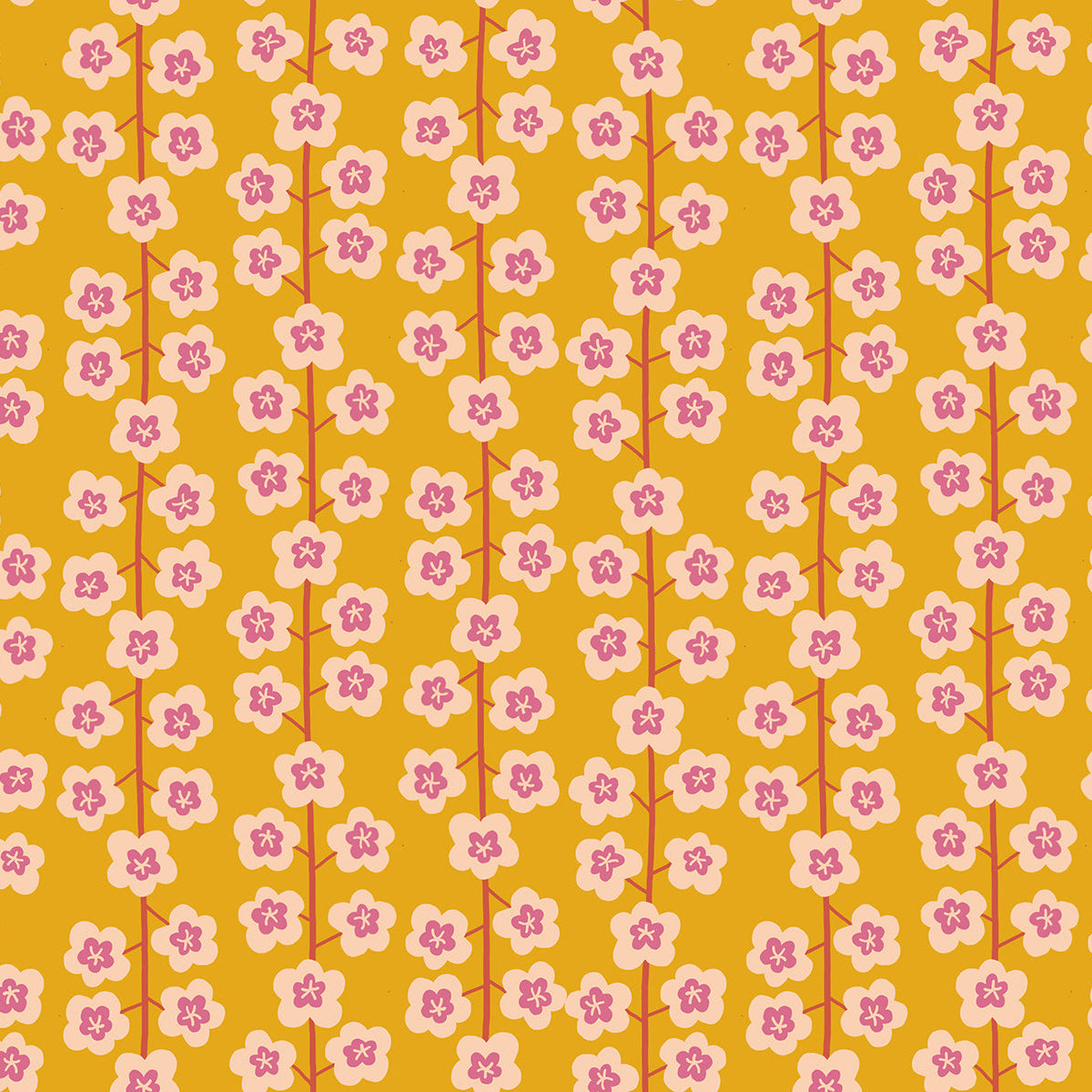 Graphic quilting cotton fabric pattern from the Corsage collection by Ruby Star Society. The design features vertical floral columns of baby's breath stems with cream, lavender, and soft coral blossoms alternating with scattered floating florets over a solid, rich goldenrod yellow background.