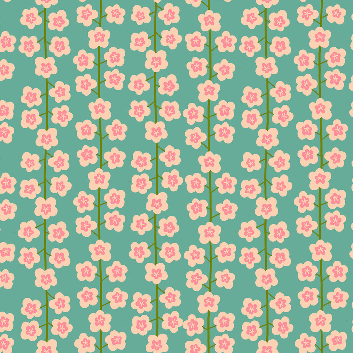 Graphic quilting cotton fabric pattern from the Corsage collection by Ruby Star Society. The design features vertical floral columns of baby's breath stems with cream, pink, and soft coral blossoms alternating with scattered floating florets over a solid, rich teal skylark background.
