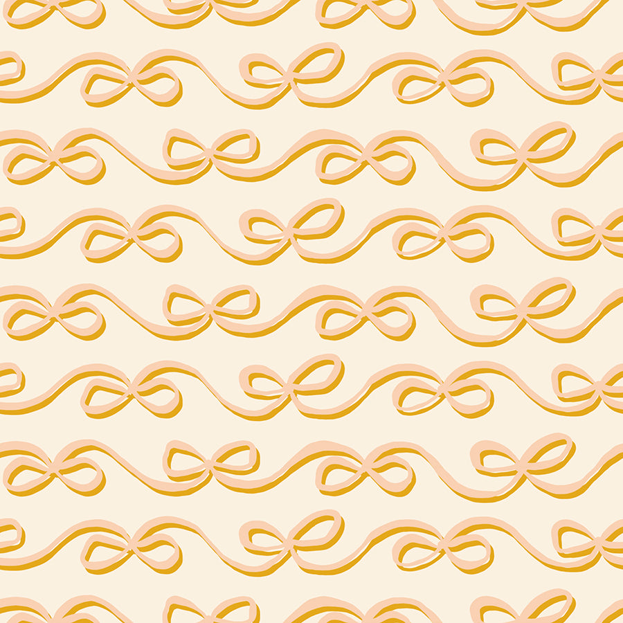 Graphic quilting cotton fabric pattern from the Corsage collection by Ruby Star Society. The design features horizontal rows of flowing goldenrod yellow and soft sorbet pink ribbons tied into sweet ditsy bows with dark golden drop shadows, repeating across a solid, warm cream natural background.