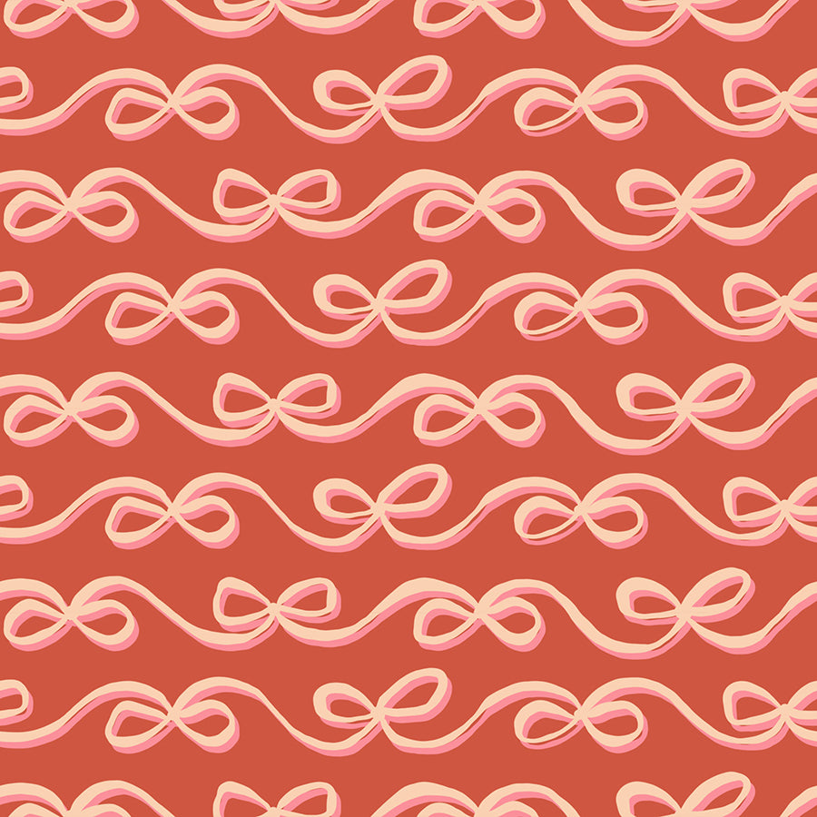 Graphic quilting cotton fabric pattern from the Corsage collection by Ruby Star Society. The design features horizontal rows of flowing cream and sorbet pink ribbons tied into sweet ditsy bows with dark drop shadows, repeating across a solid, rich persimmon terracotta orange background.