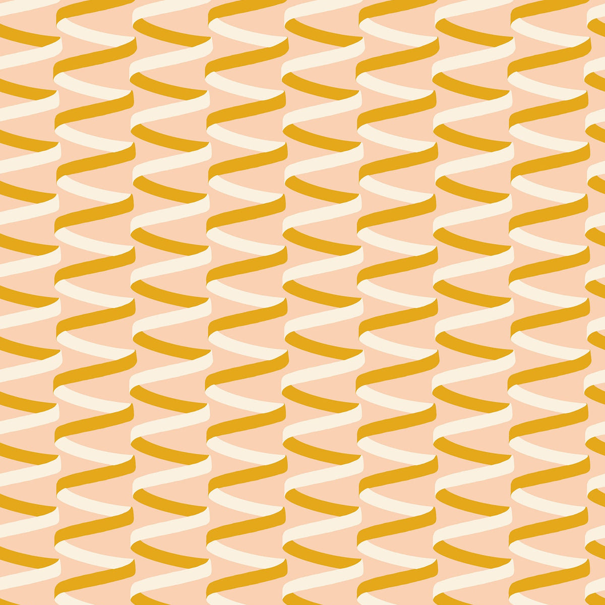 Graphic quilting cotton fabric pattern from the Corsage collection by Ruby Star Society. The design features alternating vertical columns of looping ribbons in rich goldenrod yellow and clean white twisting down against a soft, pastel peachy peach background.