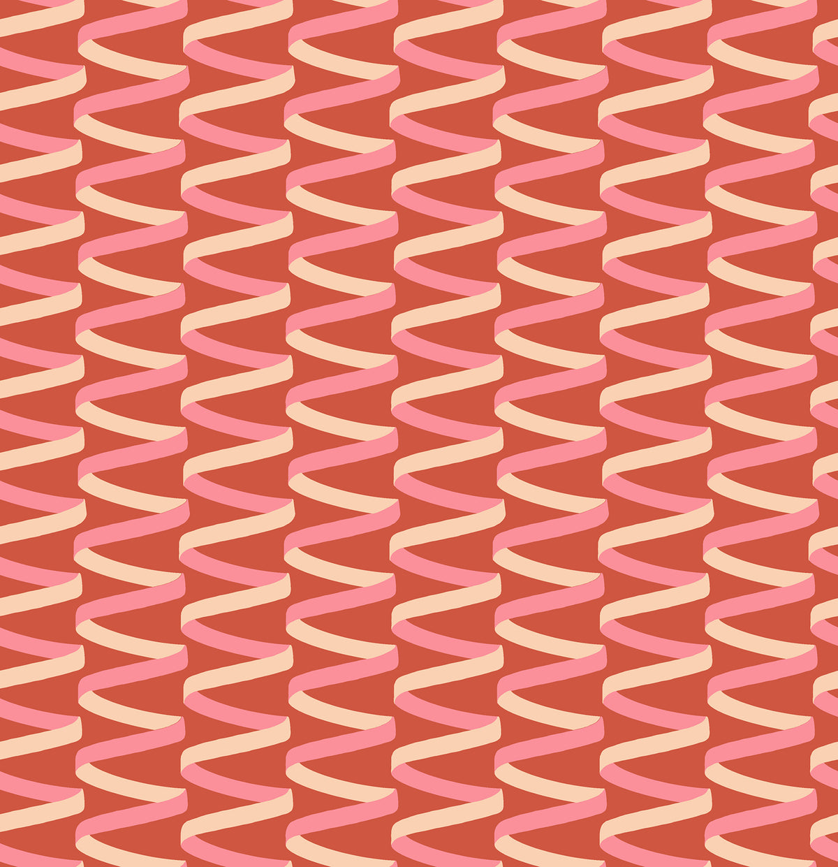 Graphic quilting cotton fabric pattern from the Corsage collection by Ruby Star Society. The design features alternating vertical columns of looping ribbons in soft sorbet pink and warm cream twisting down against a rich, earthy persimmon terracotta orange background.