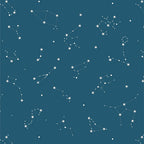 Constellations from Rocket Science Fabric Collection by Art Gallery Fabrics Pattern of star constellations on a dark blue background
