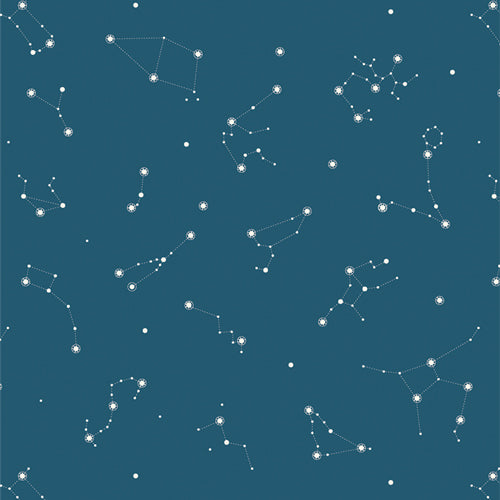 Constellations from Rocket Science Fabric Collection by Art Gallery Fabrics Pattern of star constellations on a dark blue background