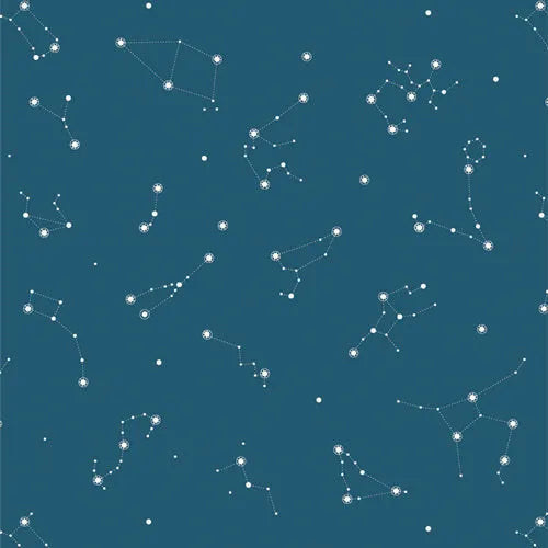 Constellations from Rocket Science Fabric Collection by Art Gallery Fabrics Pattern of star constellations on a dark blue background