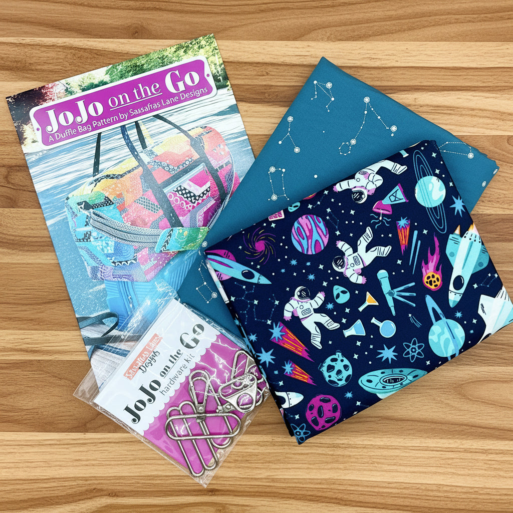 JoJo on the Go  from Sassafras Lane Designs bag kit with Rocket Science Collection from Art Gallery Fabric