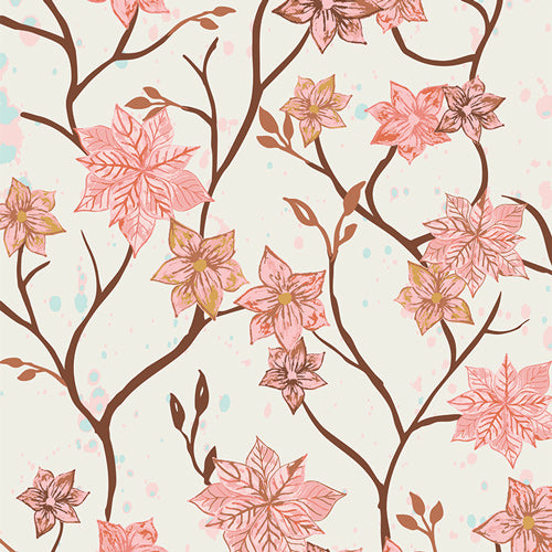 Frosted Blossoms from the Frost &amp; Fir collection by Sewcial Bee Collective for Art Gallery Fabrics Floral with pink flowers and dark brown stems on a creamy background