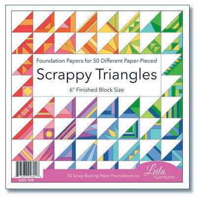 Packaging of 'Scappy Triangles' paper piecing foundation papers with colorful triangle patterns.