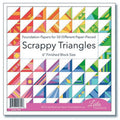 Packaging of 'Scappy Triangles' paper piecing foundation papers with colorful triangle patterns.