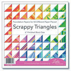 Packaging of 'Scappy Triangles' paper piecing foundation papers with colorful triangle patterns.