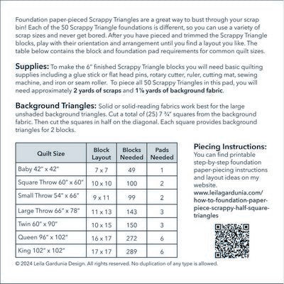 Instructions for making foundation paper-pieced Scappy Triangles with fabric requirements and piecing instructions.