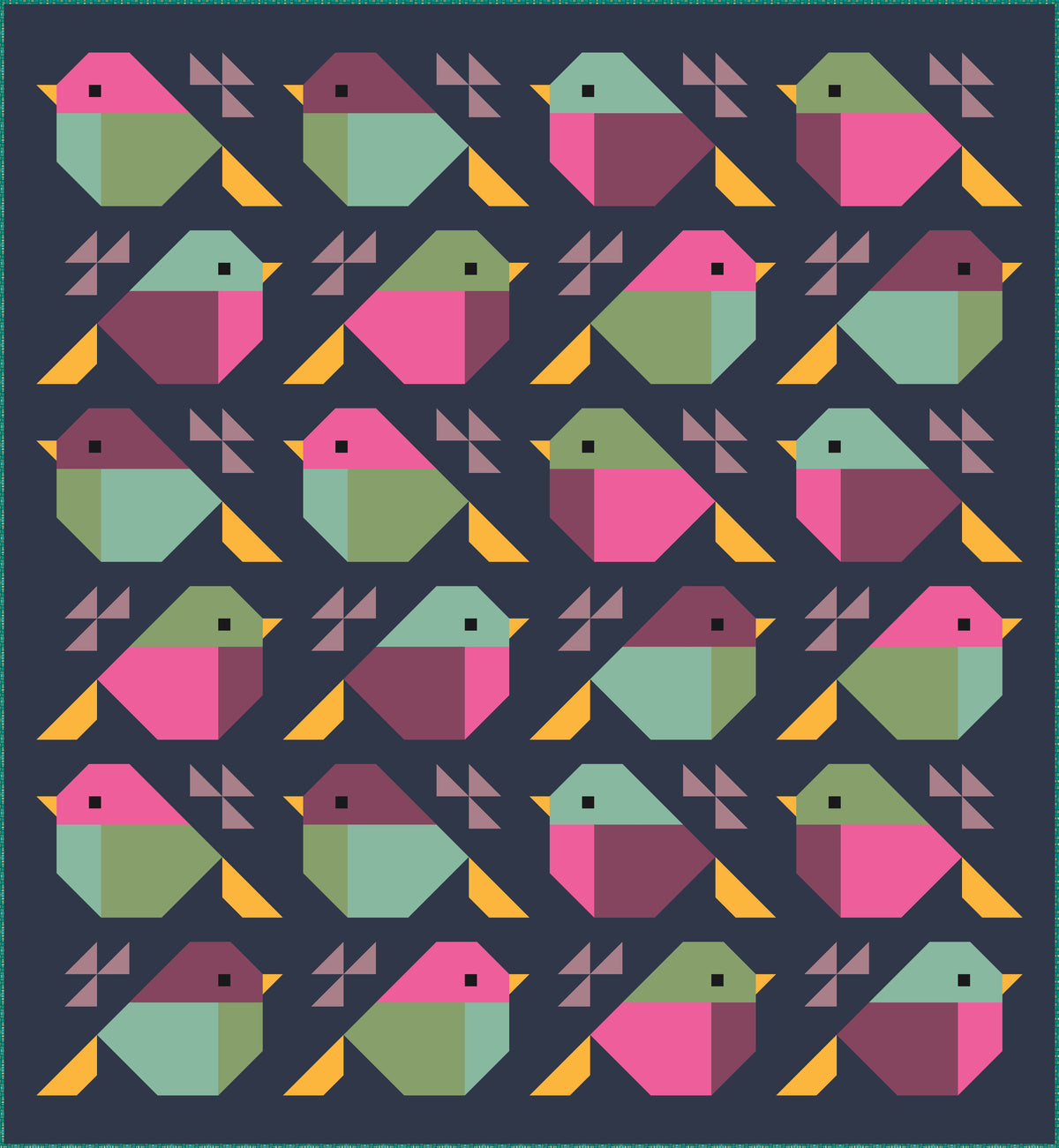 Sparrows quilt design by Pen + Paper patterns in Smells Like Teen Spirit colors, featuring 24 pink, plum, sage and seafoam birds with yellow tails on a Art Gallery Pure Solids Night Sea (navy) background.