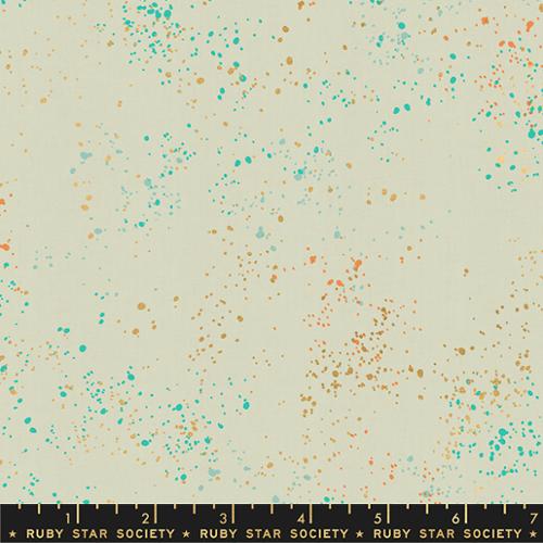Natural background fabric with blue, teal, orange gold and yellow metallic speckles
