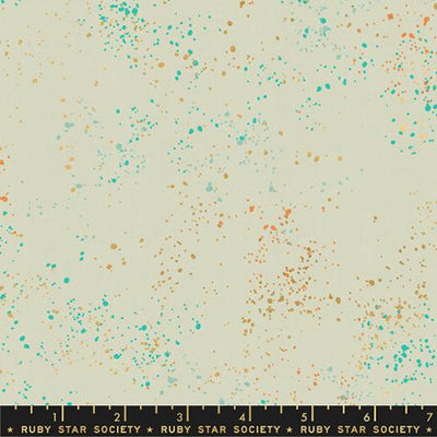 Natural background fabric with blue, teal, orange gold and yellow metallic speckles
