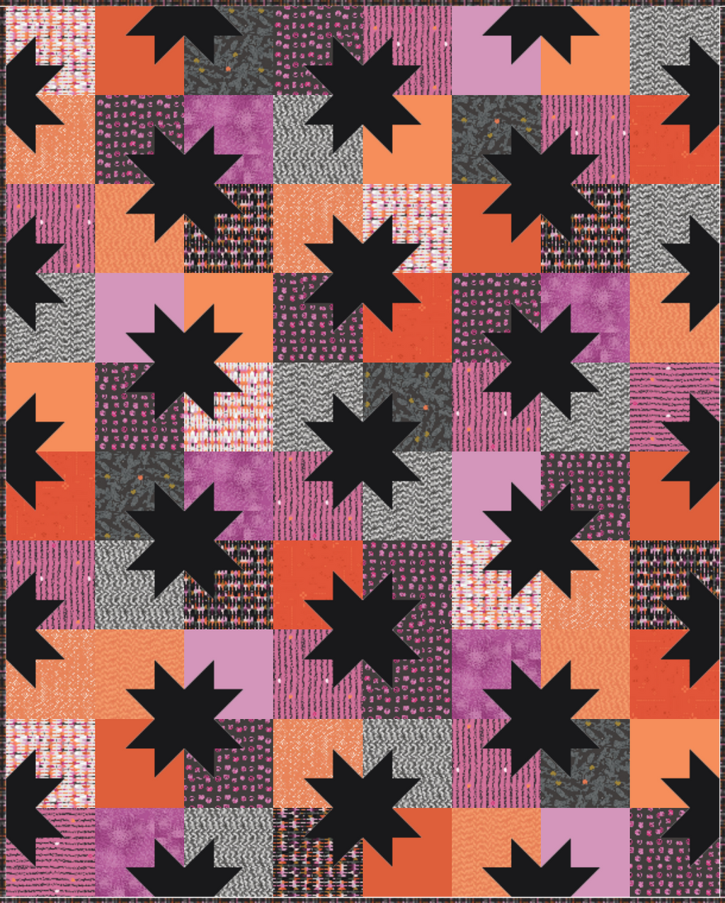 Mockup of Star Pop II pattern by Quilty Love featuring the Enshadow fabric collection from Katarina Roccella for Art Gallery Fabrics