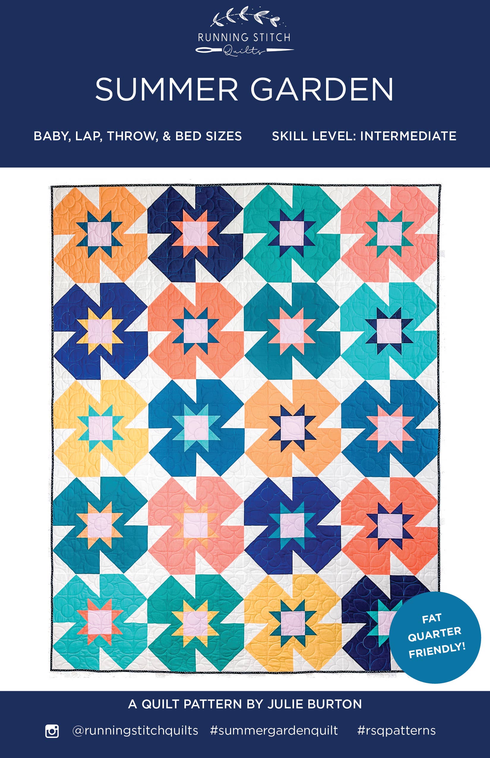 Quilt pattern cover for 'Summer Garden' with colorful flower patterns.