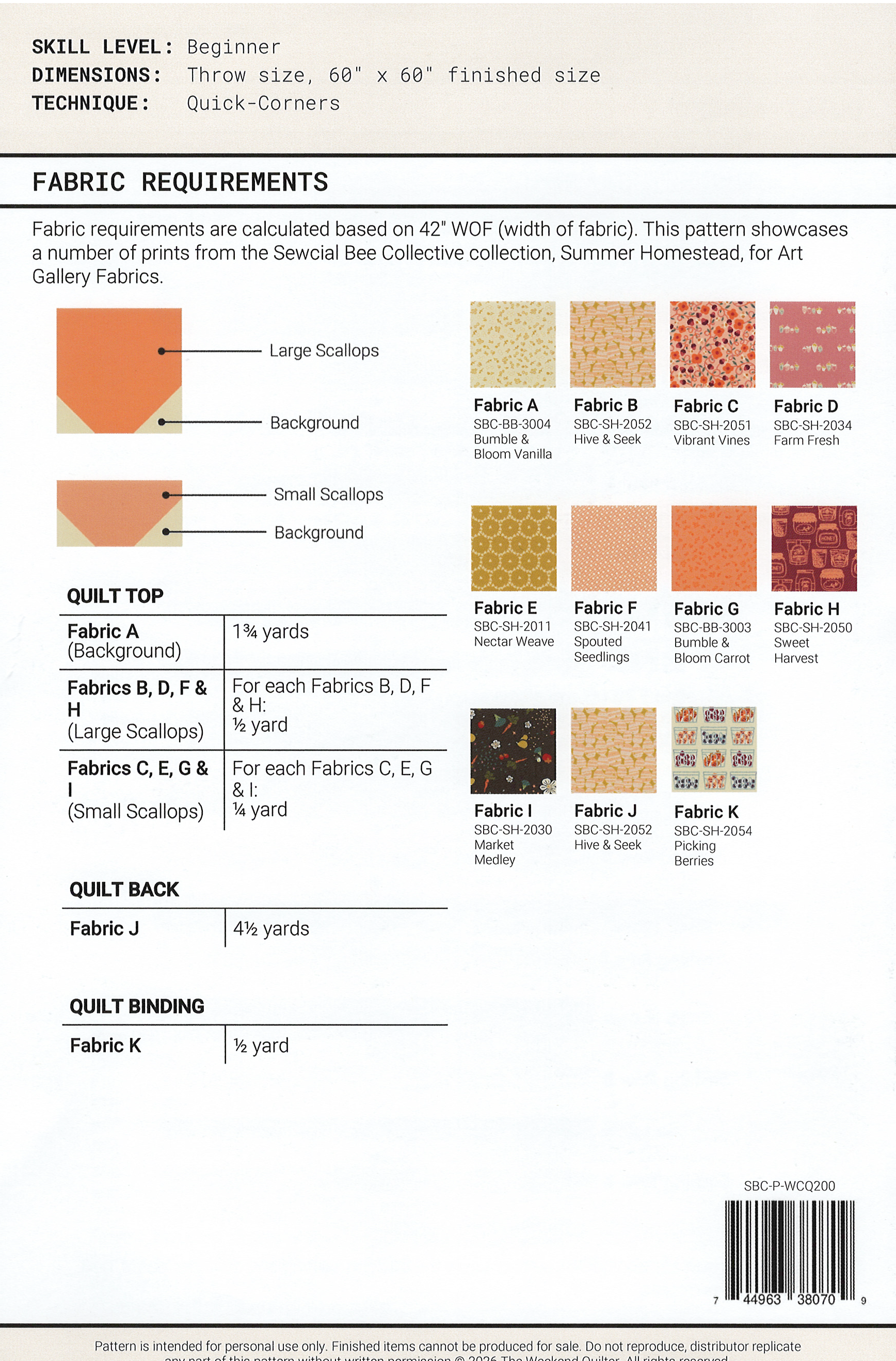 Fabric Requirements page for Sweet Scallops quilt pattern by The Weekend Quilter