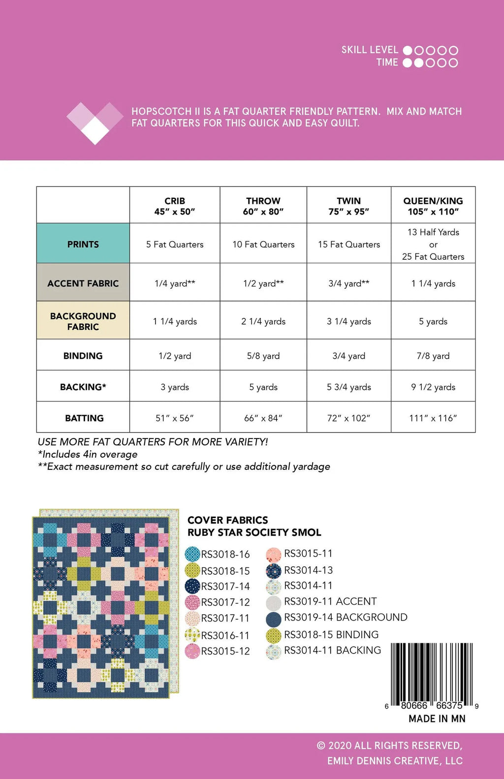 Fabric Requirements for Hopscotch II Quilt by Quilty Love precut friendly