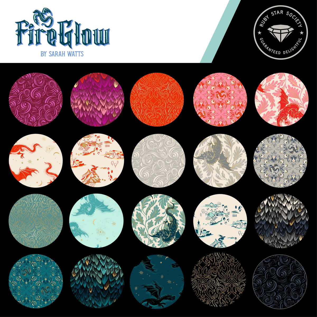 Grid of prints in the Fireglow collection by Sarah Watts for Ruby Star Society