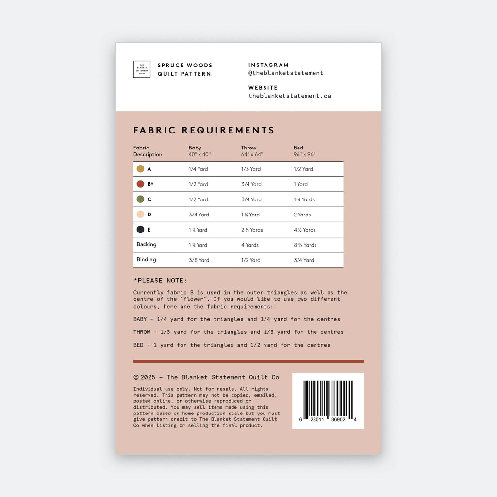 Fabric Requirements for Spruce Woods Quilt Pattern from The Blanket Statement Quilt Co