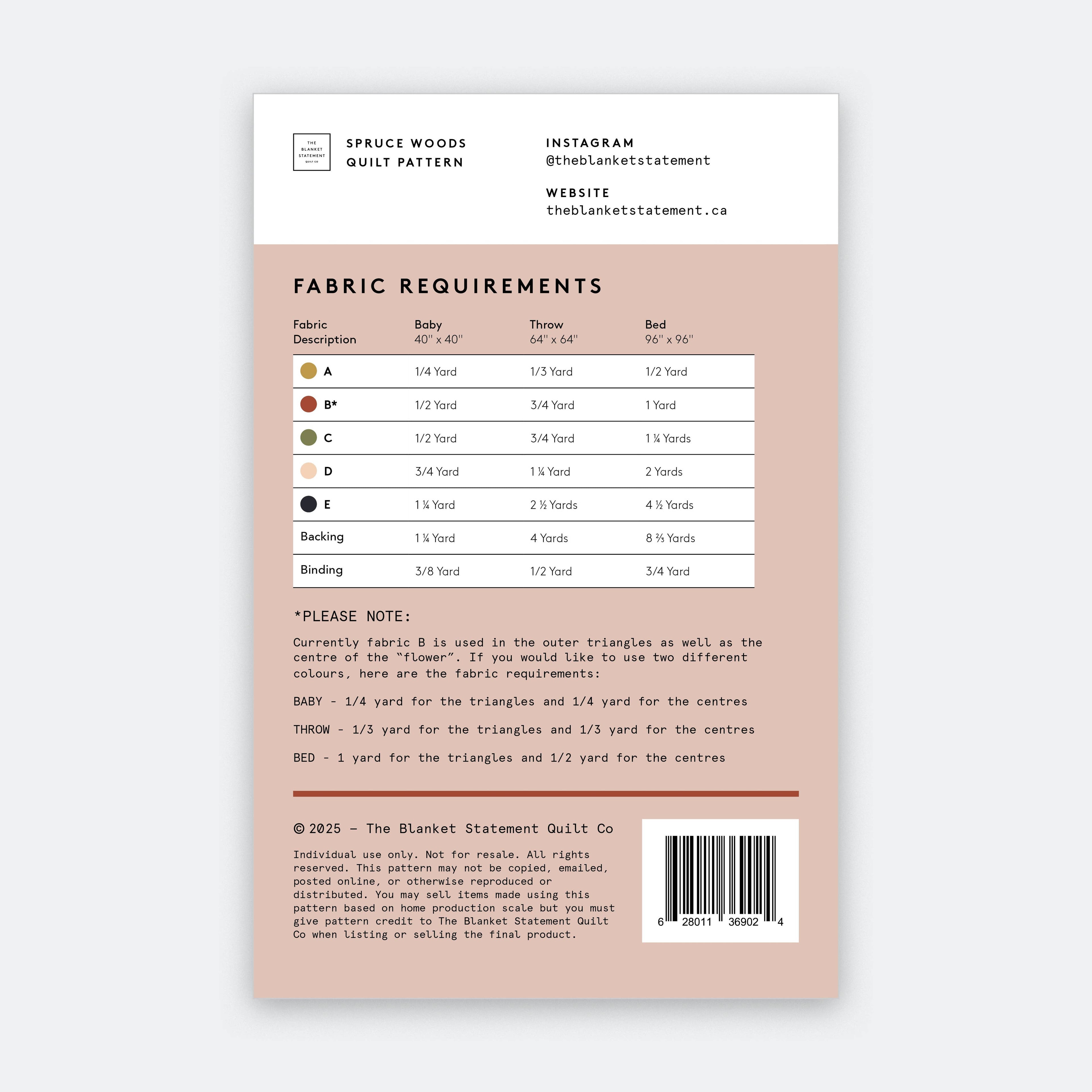 Fabric Requirements for Spruce Woods Quilt Pattern from The Blanket Statement Quilt Co