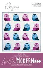 Quilt pattern featuring colorful owl designs with 'LoveSew Modern' branding.
