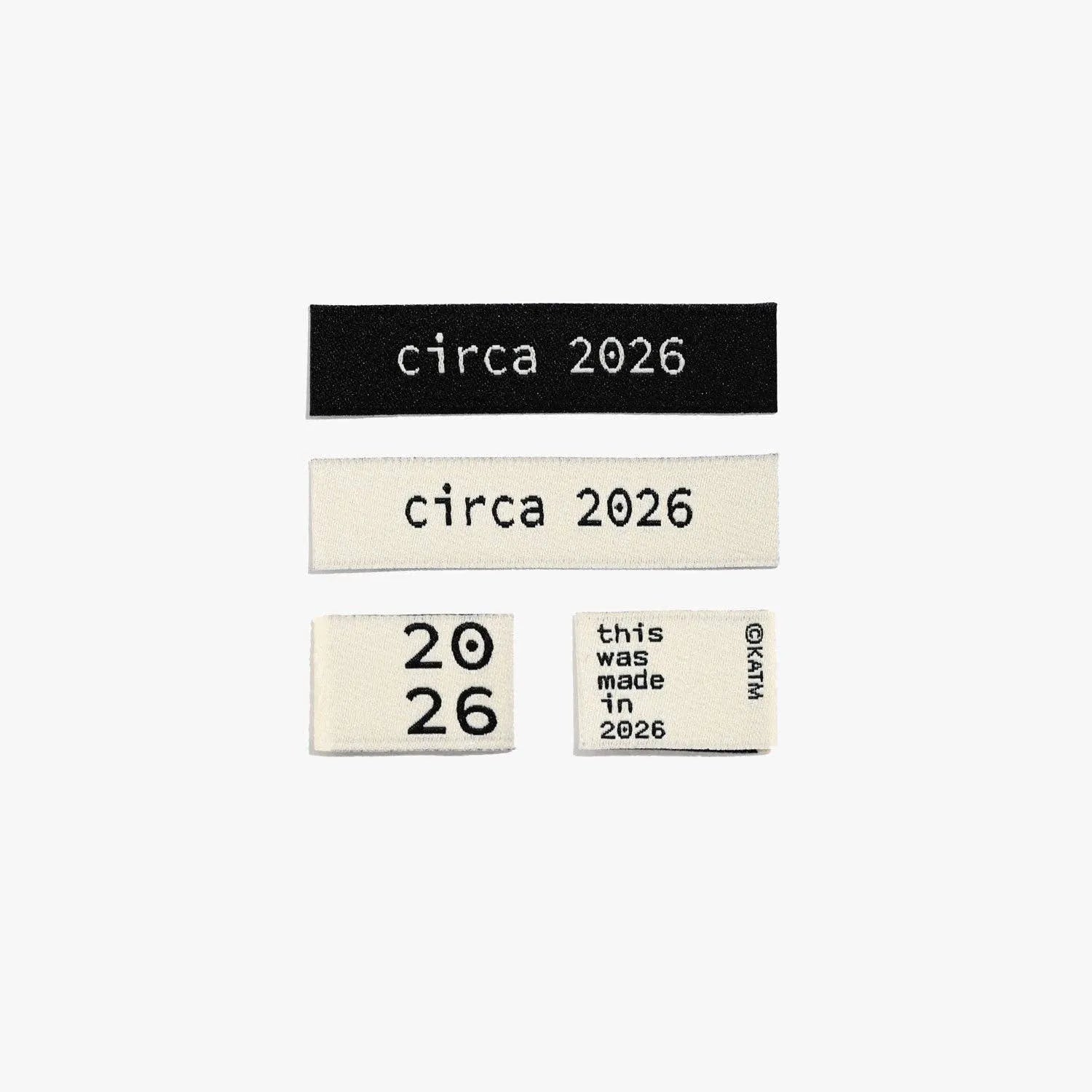 Four labels with 'circa 2026' text on a white background