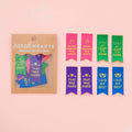Packaging of 'Sarah Hearts' premium sew-in labels on a pink background