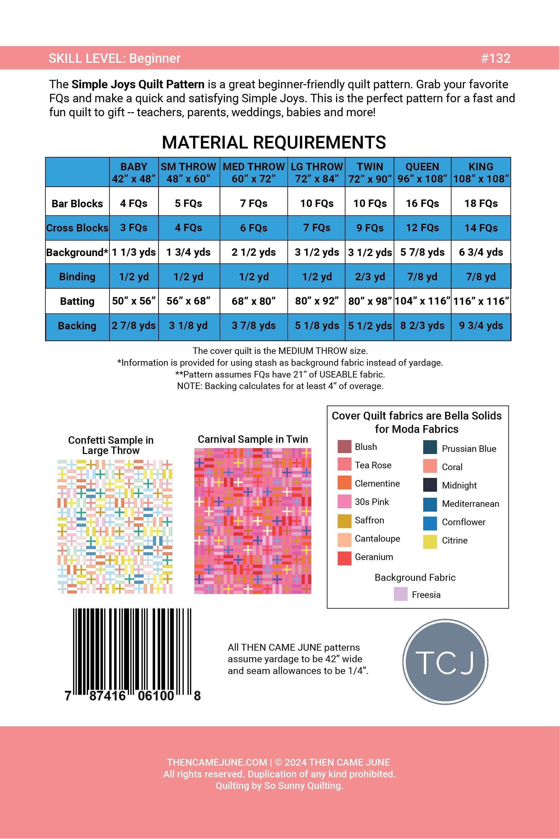 Fabric Requirements for Simple Joys Quilt Pattern by Then Came June