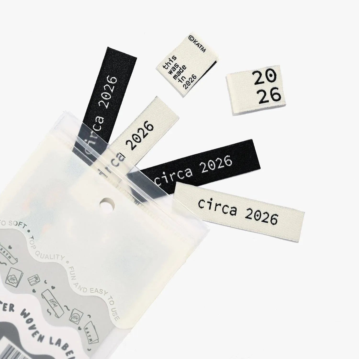 Circa 2026 woven labels for handmade clothing and quilt projects.