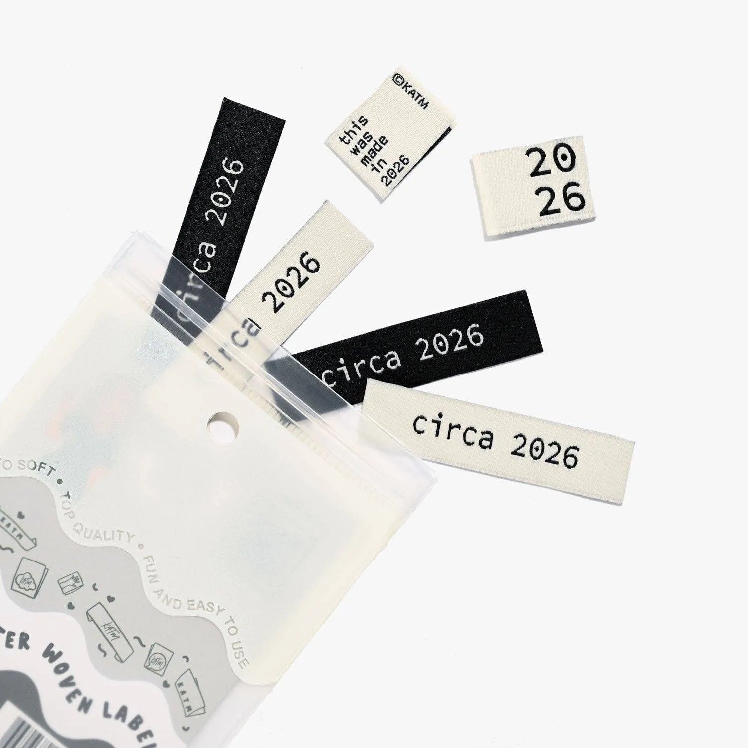Circa 2026 Woven Labels by KATM in black and white designs.