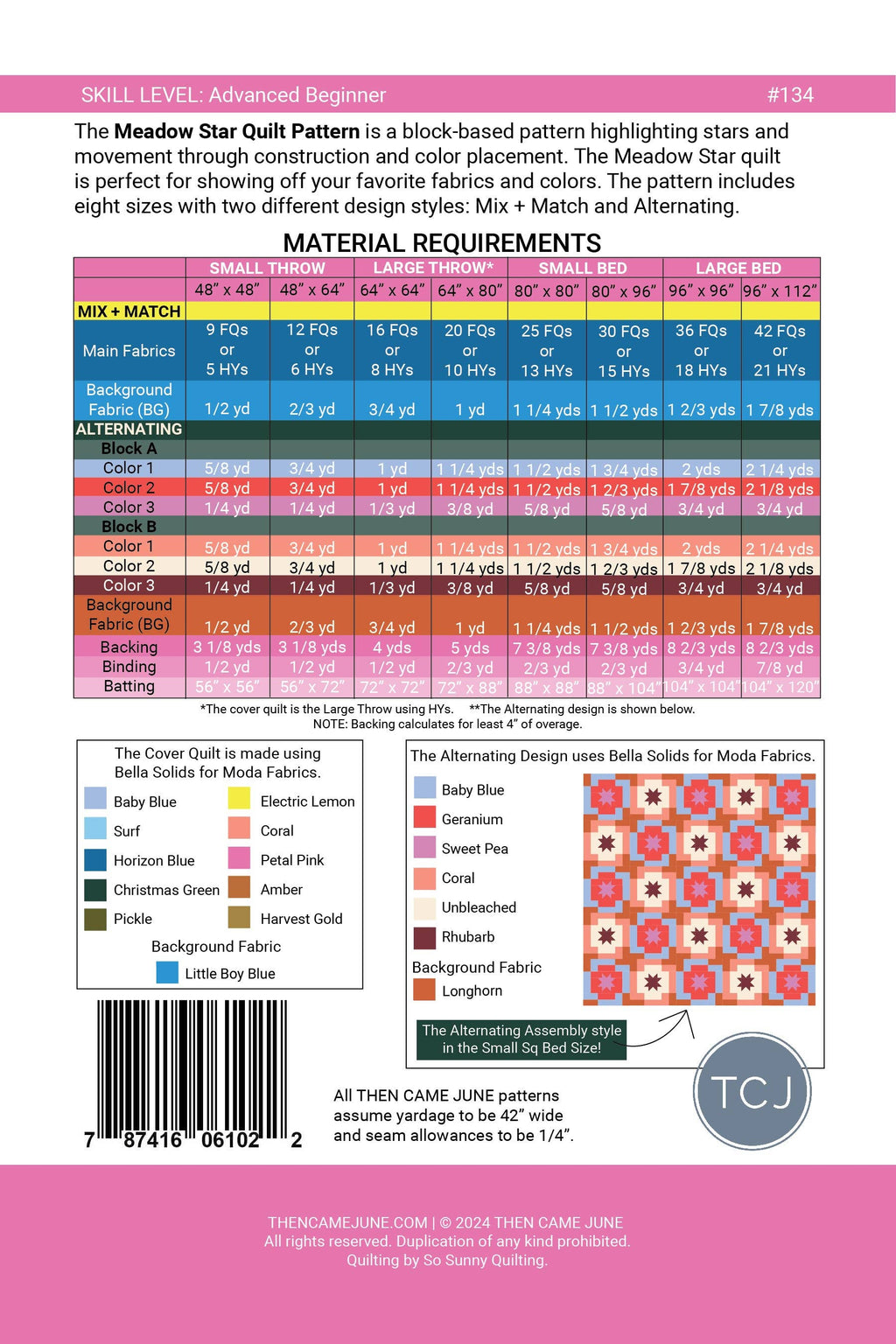 Fabric Requirements for Meadow Star Quilt Pattern by Then Came June