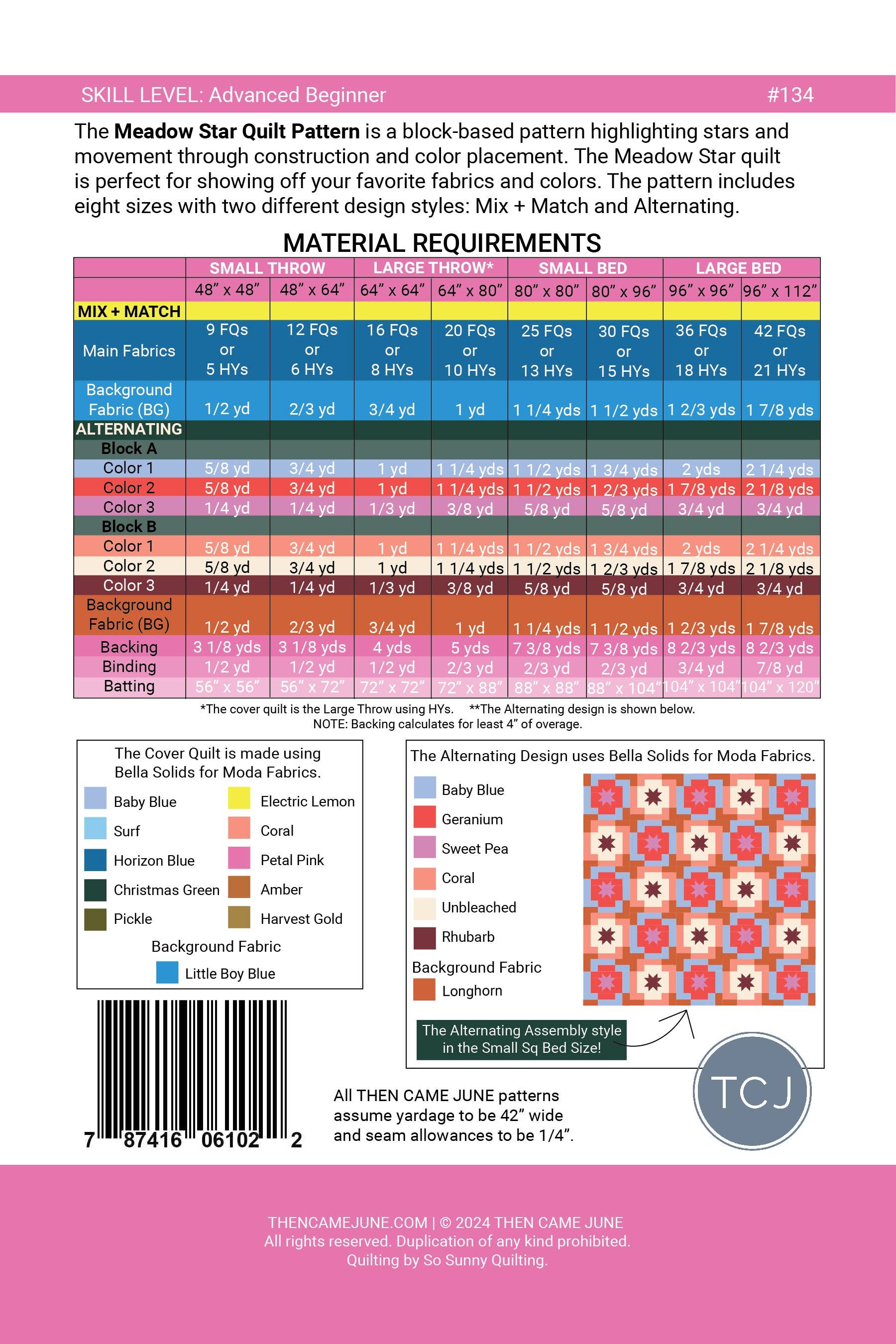 Fabric Requirements for Meadow Star Quilt Pattern by Then Came June