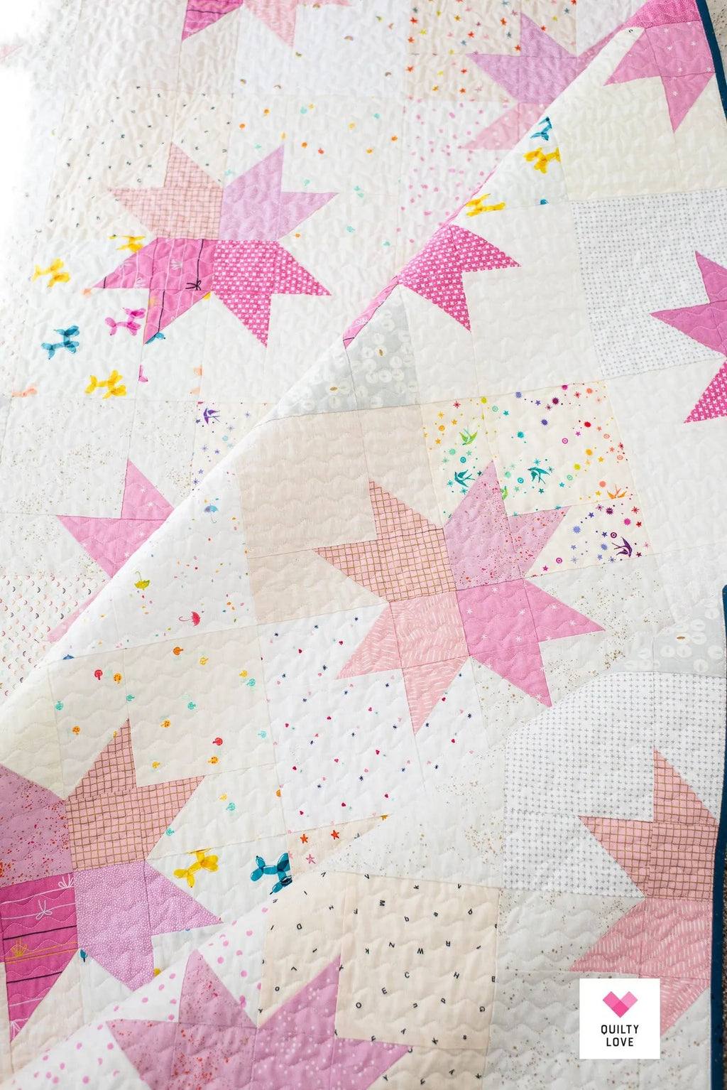 Pink & White Modern sawtooth Star Pop II Quilt Pattern by Quilty Love