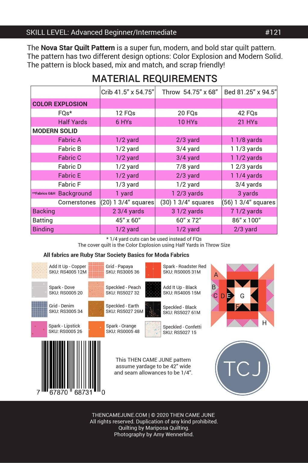 Fabric Requirements for Nova Star Quilt Pattern by Then Came June