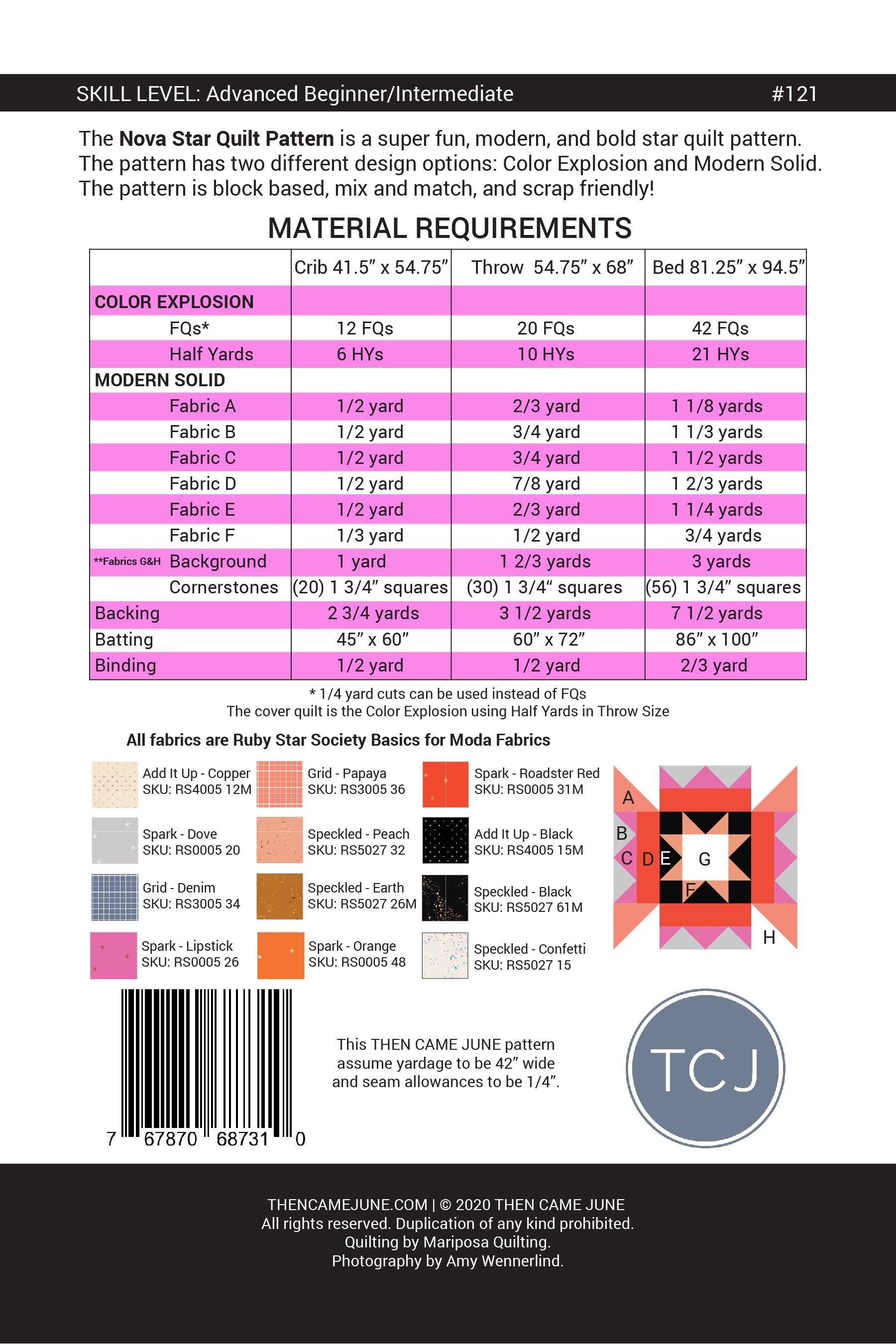 Fabric Requirements for Nova Star Quilt Pattern by Then Came June