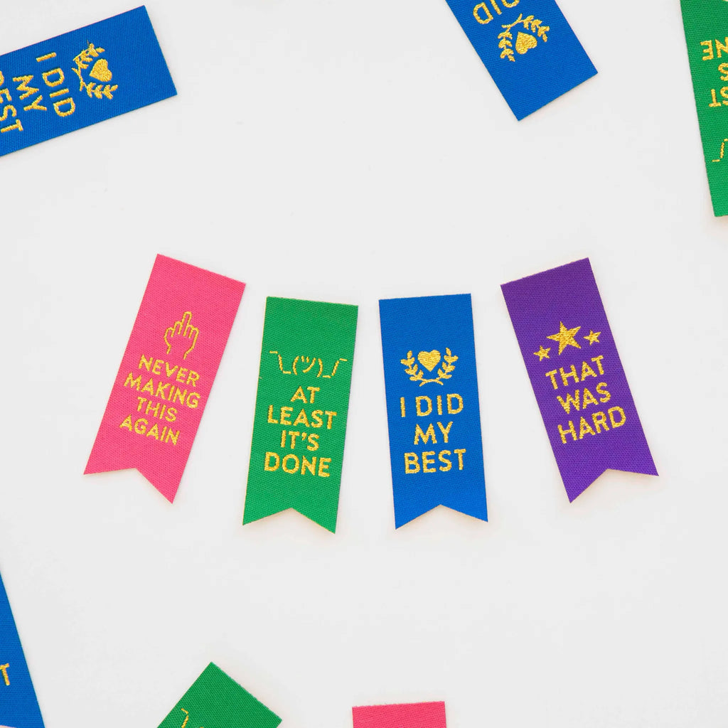 Sarah Hearts Colorful motivational woven labels for sewing and quilting on a white background