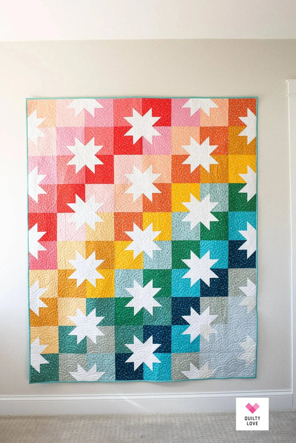 Bright colors Striped Sawtooth Star Quilt Star Pop II by Quilty Love
