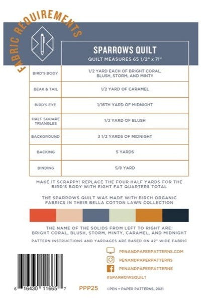 Fabric Requirements page for Sparrows Quilt pattern by Pen + Paper Patterns